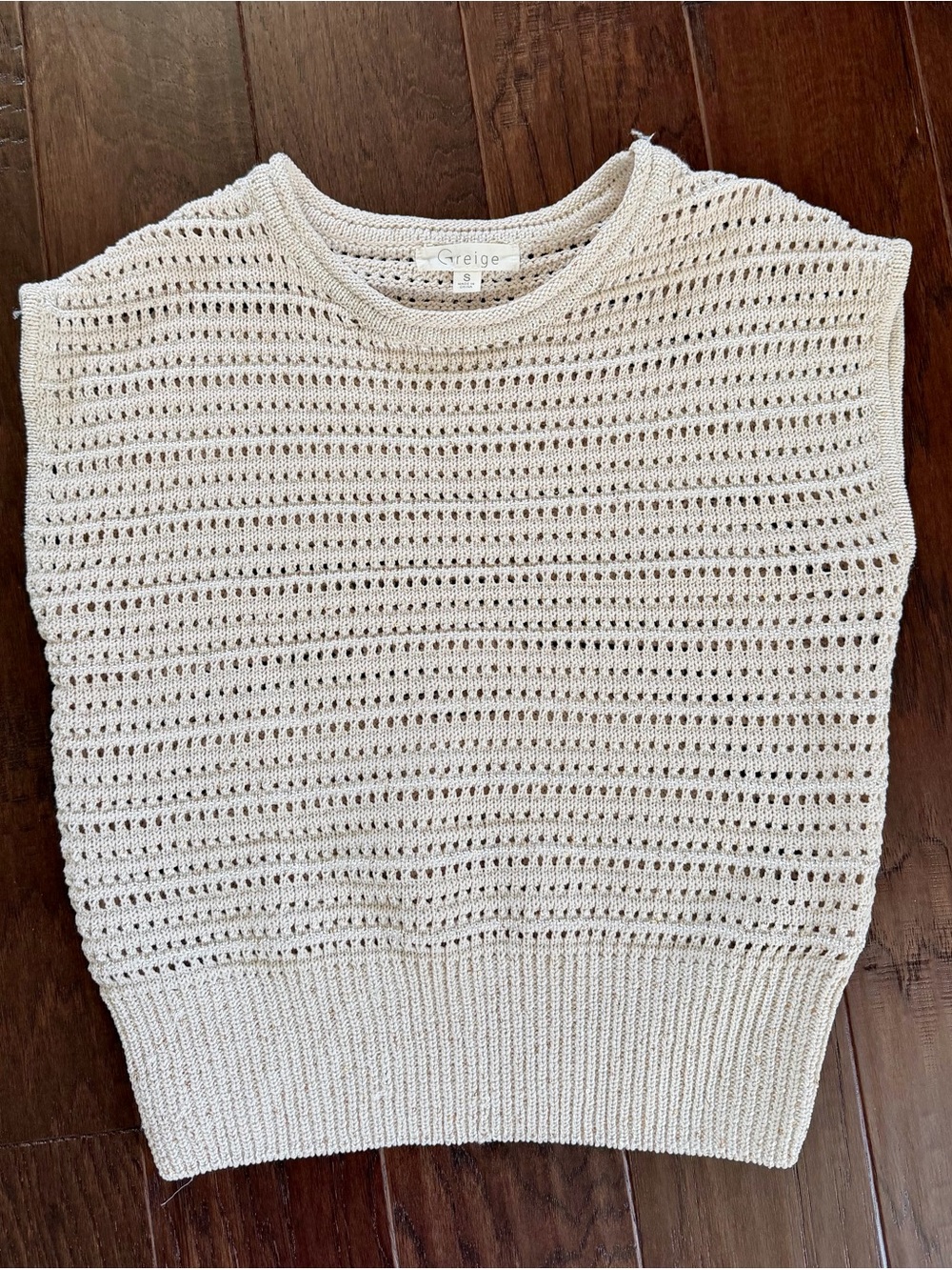 Greige Open-Knit Crewneck Sweater Vest in Cream with Gold thread accents